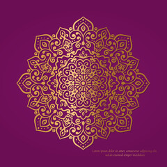 Purple and gold Indian mandala background. Luxury pattern template. Vector abstract design elements. Great for invitation and greeting cards, packaging, flyer, wallpaper or any desired idea.