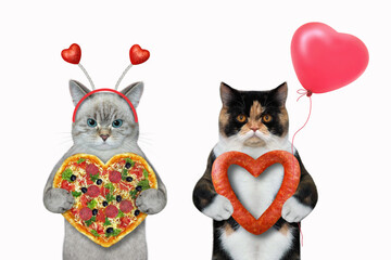Two cats eat heart shaped pizza and sausage. White background. Isolated.