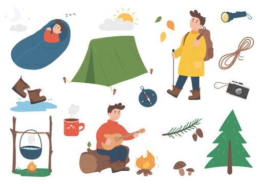 Clipart set of things for hiking, camping and travelling. Walking, sleeping and playing guitar characters while travelling.