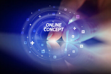 Finger touching tablet with social media icons concept