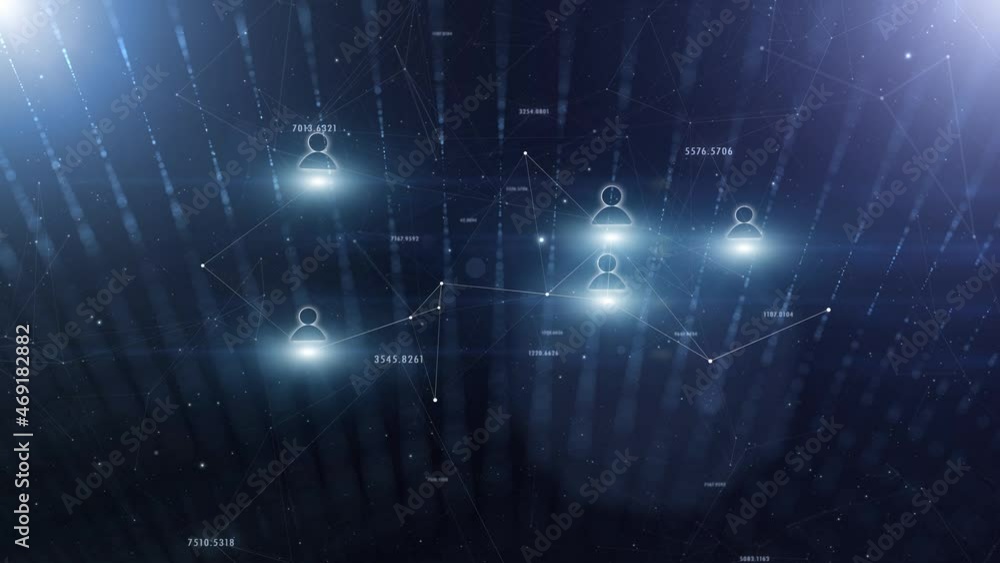 Poster digital people icon animation on detailed lines and dark blue technology network background with ran