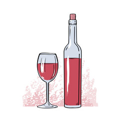A bottle of red grape wine with glass. A pleasant alcoholic drink. Vector isolated art illustration hand drawn