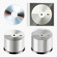 Stack of CDs on a white background. Pile of CDs, compact disc tower, many DVDs, heap of digital versatile discs. Vector 3d realistic Illustration