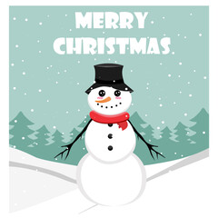 A snowman in a flat style with a hat and a scarf stands on the street and congratulates everyone on the holiday. Merry Christmas and Happy New Year. Celebration. Card. Winter and drifts. Snowfall. 