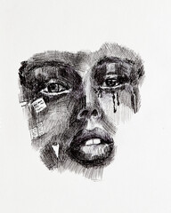 Crying girl - illustration. Detailed drawing of a woman with tears on her cheek, drawn by a black liner.