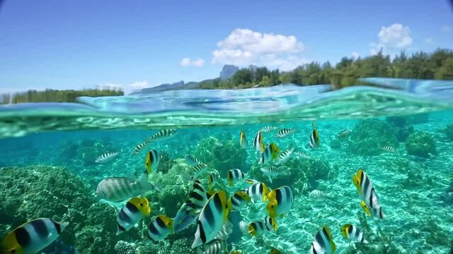 Underwater, Tahiti. Tropical fish swimming in clear blue water. Bora Bora island, French Polynesia. Honeymoon vacation activities, snorkeling tour. 