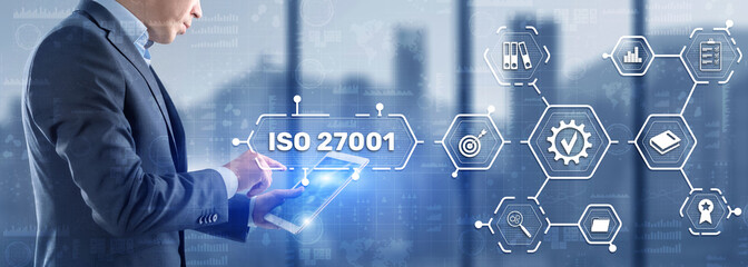 ISO 27001. International information security standard. Concept of ISO standards quality control...