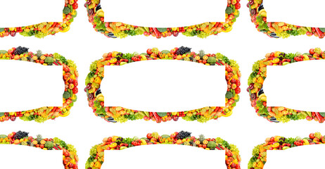 Seamless pattern from large number of vegetables and fruits isolated on white