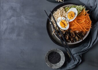Miso ramen with mushrooms, carrots, zucchini and eggs on a dark background,top view,copy spase