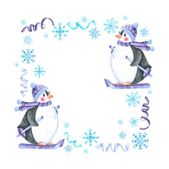 Winter penguins watercolor frame. Christmas, New Year. Penguin on skis. Snowflakes, ribbons. Blue, purple colors. Frame, border. For printing on Christmas cards, stickers, tags, invitations