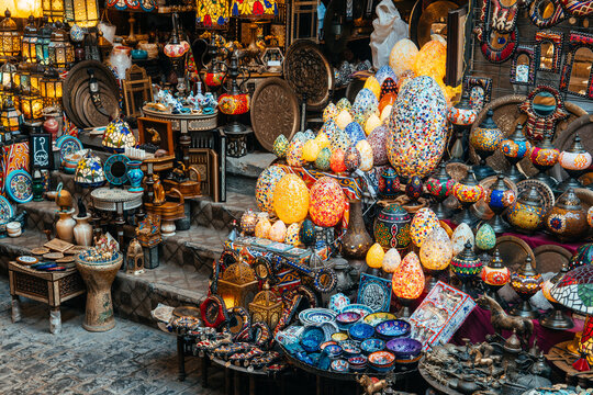 colorful lamps are selling at khan el kalili market in cairo, Egypt