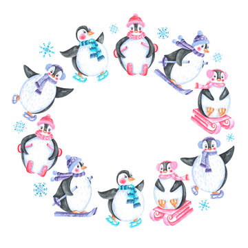 Penguin watercolor frame. Christmas, New Year, winter frame (wreath, border). Scandinavian. Winter sport. Skis, skates, sleds. Purple, blue, pink colors. Christmas card, sticker, invitation.