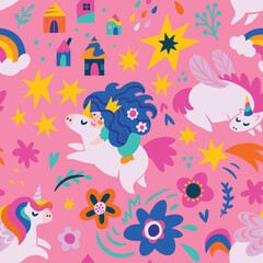 Lovely seamless vector pattern with cute unicorns, stars, houses and princess in the sky.
