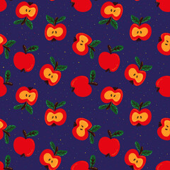 Seamless pattern with red apples and colorful dots on a blue background. Vector illustration