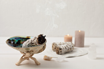 Smudge kit with white sage stick, abalone sea shell. Natural elements for cleansing environment...
