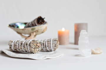 Smudge kit with white sage stick, abalone sea shell. Natural elements for cleansing environment...