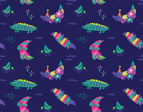 Seamless childish pattern with cute crocodiles