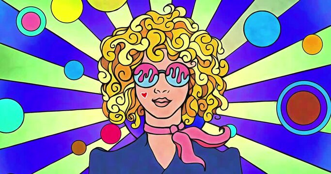 A psychedelic pop art animated sequence with sun rays, spheres, stars, and a curly blond haired woman in a 1960s or 1970s graphic art style. Groovy hippie vibe reminiscent of the era.