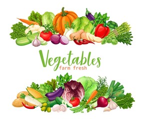 Vegetables banners. Compositions of farm product asparagus, artichoke, leek. Vegan product corn, garlic, cucumber, cabbage, pepper, onion, celery and potato, vegetarian vector illustration.