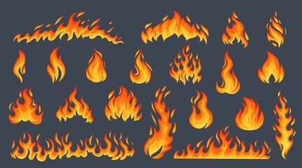 Fire flame set. Flare bonfire, bright small and big fiery elements. Orange flaming elements vector illustration.