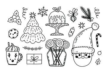 Vector set with Christmas decorations. Hand drawn Christmas doodles isolated on white. Winter holiday cute symbols - Santa, deer cup, cookies, tree, pudding, candies.