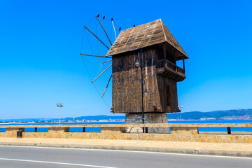 Old wooden windmill in the old town of Nessebar, Bulgaria
