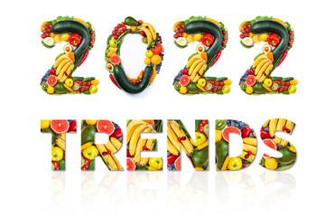 2022 trends made of vegetables and fruits on white background. Number 2022 made of healthy food. 2022 new year resolutions, trends, clean eating, healthy food, dieting, vegetarian concept