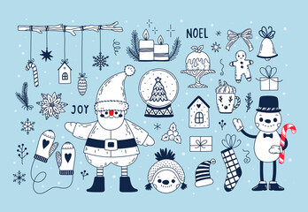 Hand drawn doodle set with Christmas design elements. Vector winter doodles with cartoon characters - Santa Claus, snowman, gingerbread cookies, garland with toys. Cute and cozy holiday decorations.