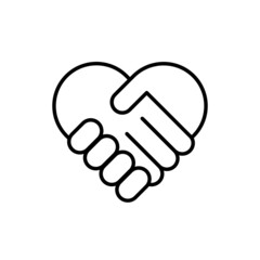 Handshake symbol forming a love heart black icon. Charity help concept. Trendy flat isolated outline symbol, sign used for: illustration, logo, mobile, app, design, web, dev, ux, gui. Vector EPS 10