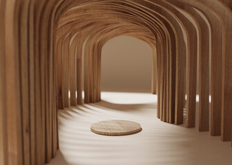 3D background, wood podium display in corridor . Natural nude, beige banner backdrop with light and shadow. Product promotion Beauty cosmetic, nature wooden stand. Studio empty Minimal 3D render 
