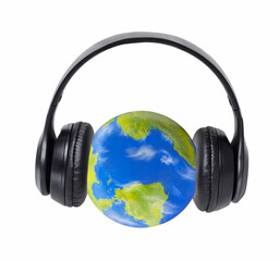 Global music concept on planet earth globe. ( the planet earth globe is a physical hand made model by the photographer and photoshop post edited )