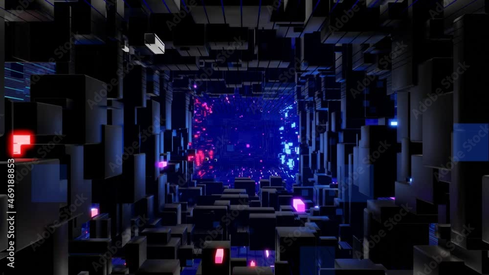 Poster tunnel with neon light. sci-fi bg fly through tech digital space. concept of hi-tech information flo