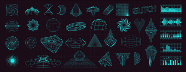 Abstract shapes collection is a trending mixture modern diverse design elements, geometric shapes. Cyberpunk retro futurism set, vaporwave. Memphis design elements for web, advertisement,posters - obrazy, fototapety, plakaty