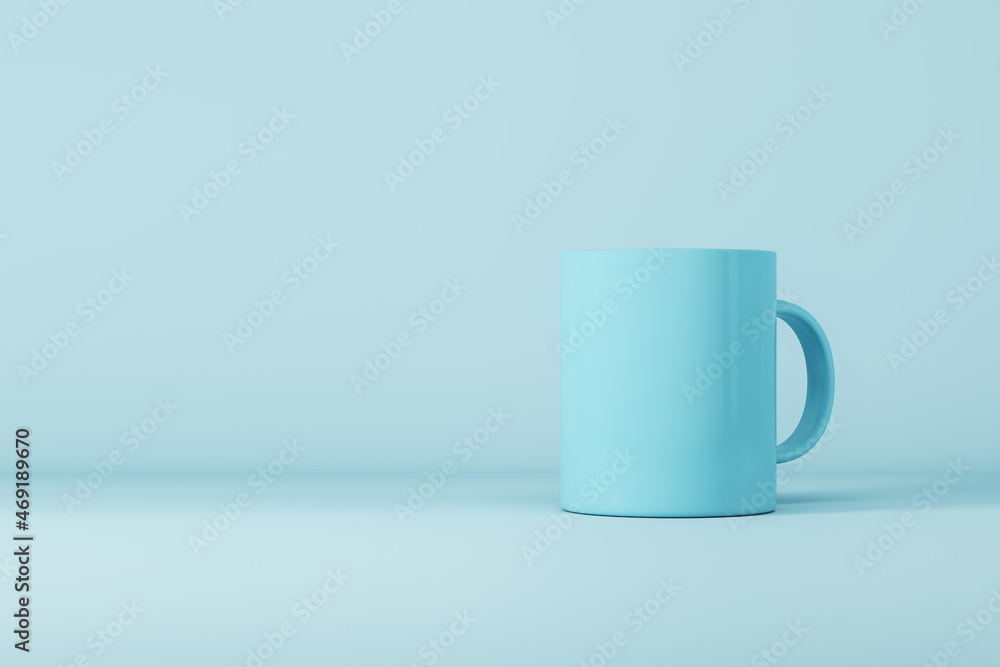 Poster blank blue mug or cup on light background with mock up place for your advertisement. 3d rendering.