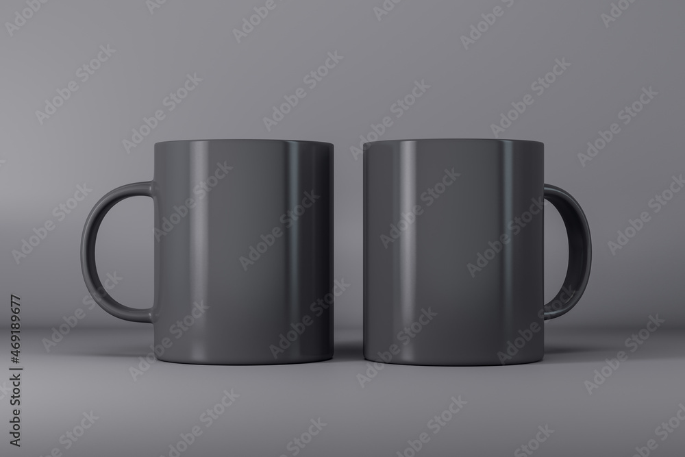 Poster Two empty gray mugs or cup on light background with mock up place for your advertisement. 3D Rendering