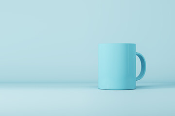 Blank blue mug or cup on light background with mock up place for your advertisement. 3D Rendering.