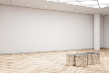 New exhibition hall interior with wooden flooring, shiny golden seat and empty mock up place on concrete wall. Gallery concept. 3D Rendering.