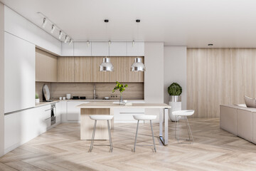 Bright concrete and wooden kitchen studio interior with daylight, furniture and white couch. Design, home and apartment concept. 3D Rendering.