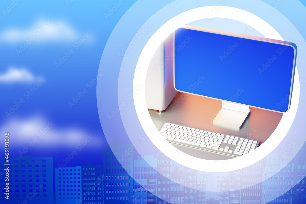 Poster computer template. visualization of monitor on background of city. computer mockup with blank screen