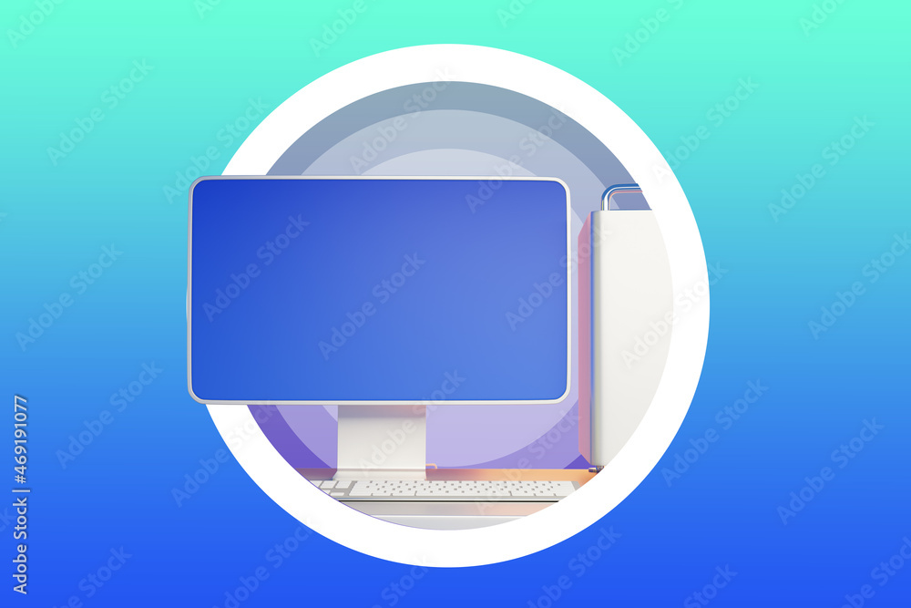 Poster computer mockup. blue screen monitor template. three-dimensional monitor with blue-turquoise gradien