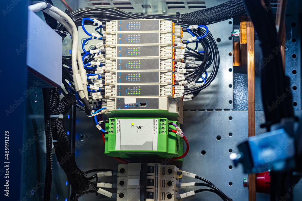 Poster equipment control panel. automation control terminal. electrical equipment with terminal and wires. 