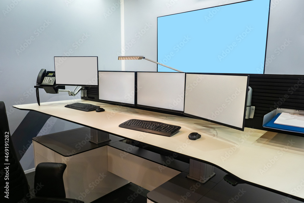Poster dispatch office with monitors. concept observation point for video cameras. room for cantrol over en