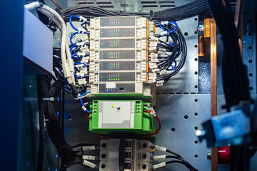 Equipment control panel. Automation control terminal. Electrical equipment with terminal and wires. Concept computerized electrical equipment. Enterprise automation controller. Industrial controller