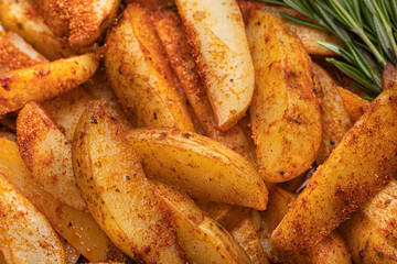 Fried potatoes with rosemary and spices, top view. Baked in the oven. 