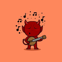 cute cartoon devil playing guitar and singing. vector illustration for mascot logo or sticker