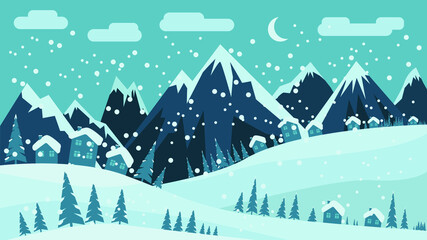 Winter besneeuwd landschap met kerstbomen, heuvels, bergen en huizen. Er valt sneeuw, de maan schijnt. Bewolkt