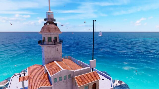 View of the Maiden's Tower or Leander's Tower also known as Kız Kulesi. Sunny summer day in Istanbul. Panorama of Bosporus, Turkey. 3D Animation.