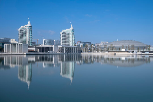 A view of the waterfront Marina Parque das Nations in Lisbon, Portugal.