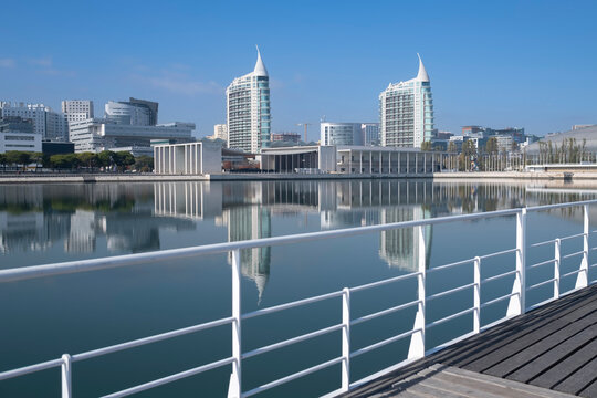 A view of the waterfront at the Park of the Nations in Lisbon, Portugal.