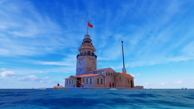 View of the Maiden's Tower or Leander's Tower also known as Kız Kulesi. Sunny summer day in Istanbul. Panorama of Bosporus, Turkey. 3D Animation.
